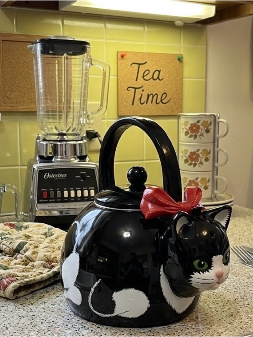 1995 Ancona Kitty Cat Whistling Tea Kettle Teapot, Retro, Green Eyes